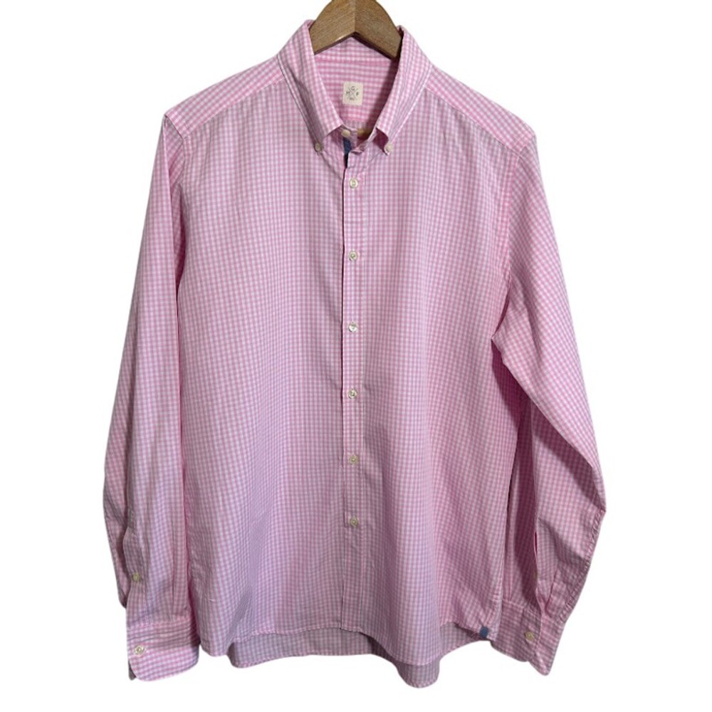 GMF 965 Button Down Shirt Mens 42 16 1/2 Pink Gingham Cotton Long Sleeve